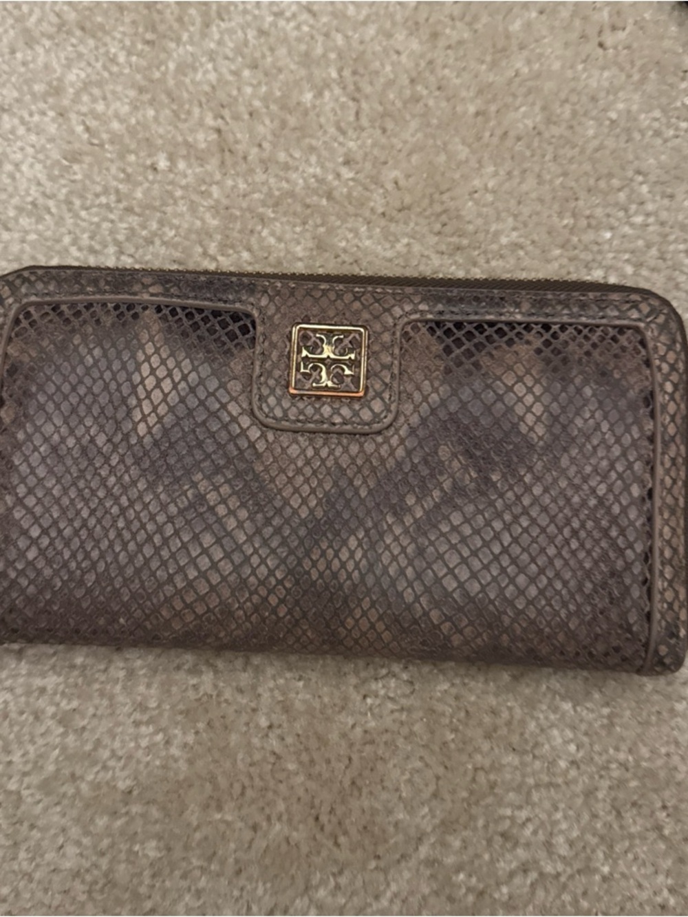 Tory Burch Brown Textured Zip Wallet with Gold Logo